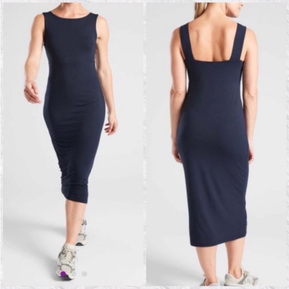 Athleta Santorini Midi Solid Navy Blue Dress XS Elevated Basic Athleisure Casual